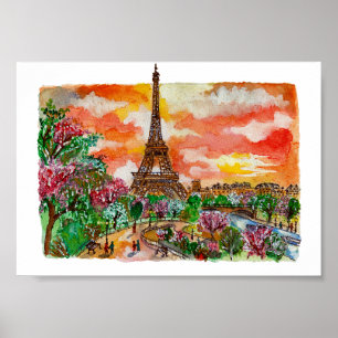 Handgemalter Eiffelturm Paris Aquarell-Kunst Poster