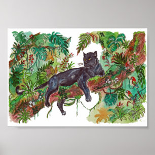 Handgemalter Panther Dschungel Aquarell Kunst Poster