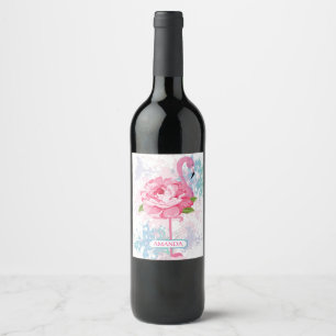 Handgemalter rosa Flamingo Weinetikett