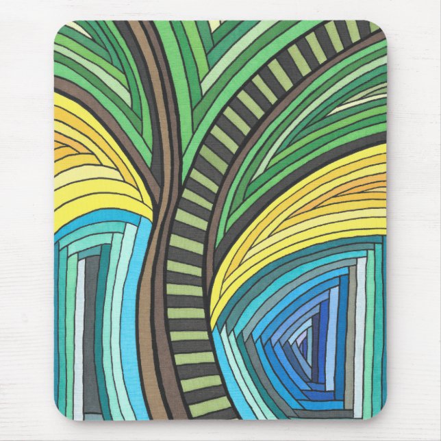 Handgemaltes abstraktes Baum- und Geometrie-Design Mousepad (Vorne)