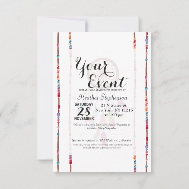 Handgemaltes Aquarell Dreamcatcher bördelt Feder Einladung (Vorderseite)