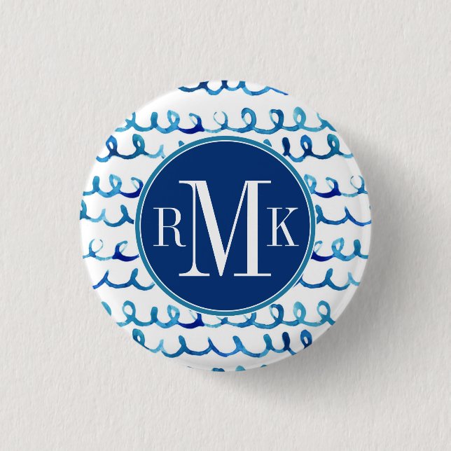 Handgemaltes blaues Aquarell-gewelltes Profil Button (Vorderseite)