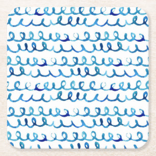 Handgemaltes blaues Aquarell-gewelltes Profil Rechteckiger Pappuntersetzer