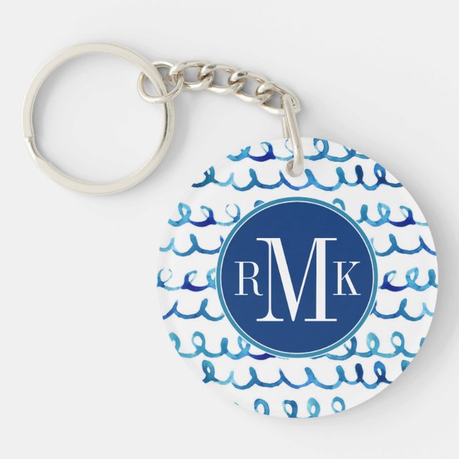 Handgemaltes blaues Aquarell-gewelltes Profil Schlüsselanhänger (Vorderseite)