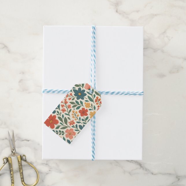 Handgemaltes Blumenmuster – Farbige Botanik  Geschenkanhänger (Mit Garn)