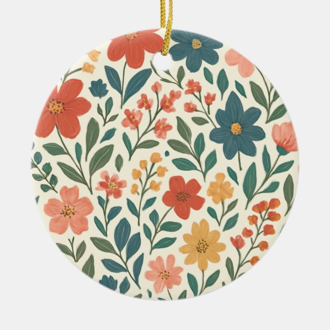 Handgemaltes Blumenmuster – Farbige Botanik  Keramik Ornament (Vorne)