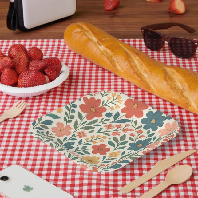 Handgemaltes Blumenmuster – Farbige Botanik  Pappteller (Picknick)