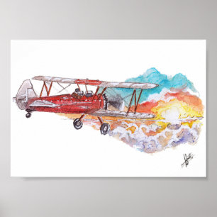 Handgemaltes Doppeldecker-Bush-Flugzeug Sonnenunte Poster
