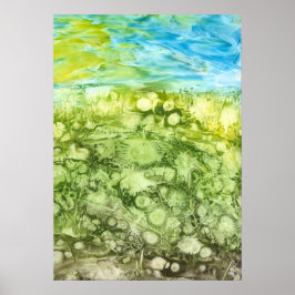 Handgemaltes Löwenzahnfeld und blauer Himmel Poster