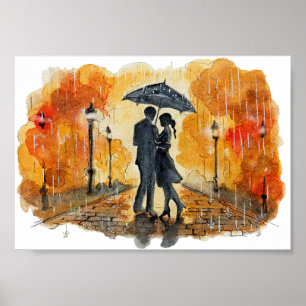 Handgemaltes romantisches Paar im Regen Aquarell Poster