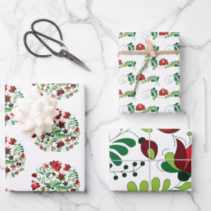 Handgemaltes volkstümliches Blumendesign Geschenkpapier Set