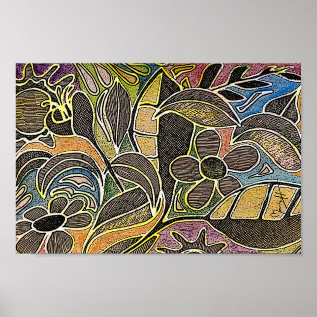 Handgeschnitzte Blätter und Blume - in Orange Blue Poster (Vorne)