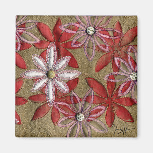Handgeschnitzte Quilted rote und rosa Blumen Magnet