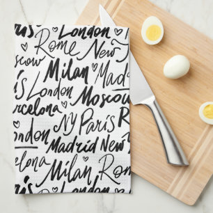Handgeschriebene berühmte Städte des Weltmusters Geschirrtuch