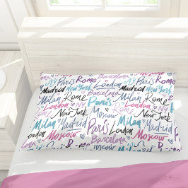 Handgeschriebene berühmte Städte des Weltmusters Kissenbezug