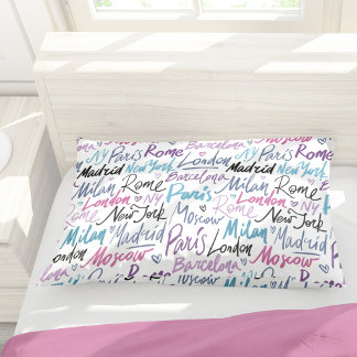 Handgeschriebene berühmte Städte des Weltmusters Kissenbezug