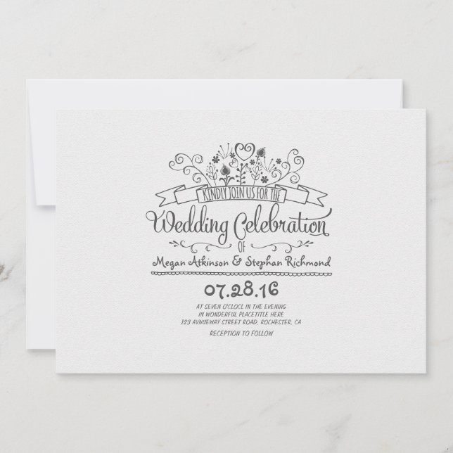 Handgeschriebene Blume Moderne lässige Hochzeit lä Einladung (Vorderseite)