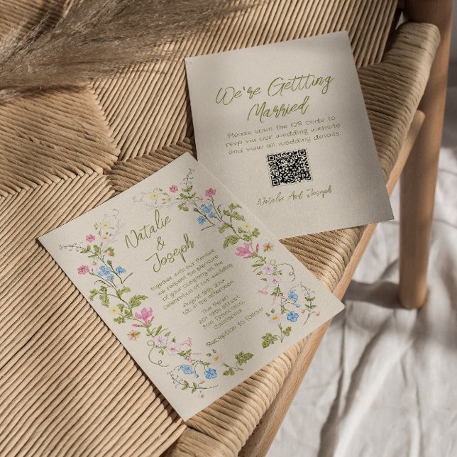 Handgeschriebene Florale Sommer QR-Code Hochzeit Einladung (Von Creator hochgeladen)
