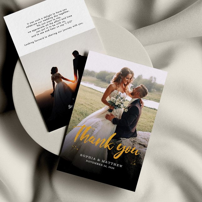 Handgeschriebene Fotos für Hochzeiten - Danke Mitteilungskarte (Elegant Wedding Photos Couples Script Gold Foil Thank You Note Card)