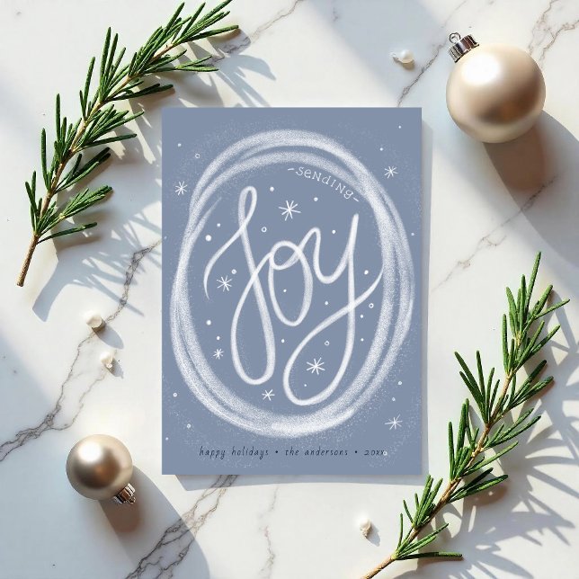Handgeschriebene Freude- Flache Feiertagskarte ohn (Hand-lettered Joy card with swirling snow. )