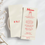Handgeschriebene Gezeichnet Red Retro Quirky Einzi Menükarte<br><div class="desc">Ein buntes Retro funky modernes,  lebendiges rotes Hochzeitsmenü. Das elegante Template-Design von boho Vintagen milchig beige Hintergrund und leuchtend lebendige rote Typografie und handgeschriebenes Menü in rot. Und handgezeichnete Champagnerbrille. Mit cremefarbenem Hintergrund mit Monogramm hinten. Perfekt und passend zu der ganzen Suite.</div>