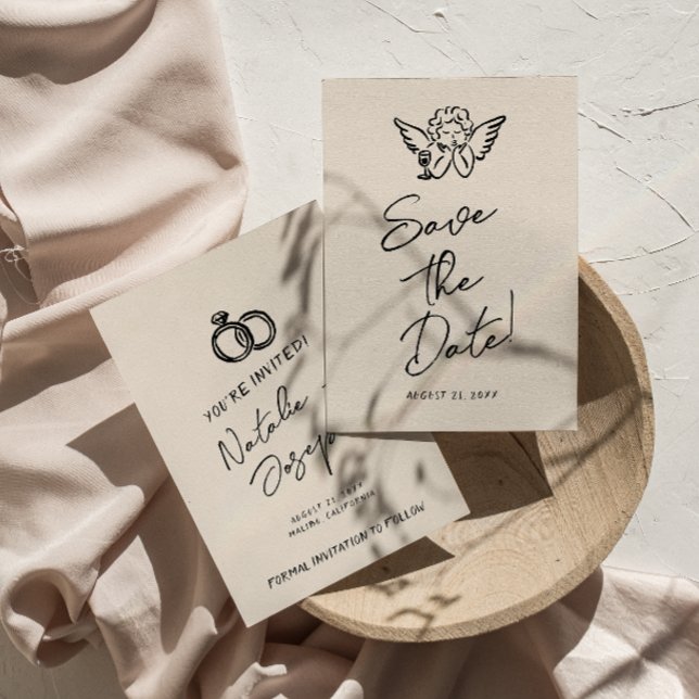 Handgeschriebene Gezeichnet Retro Cupid Quirky Wed Save The Date (Von Creator hochgeladen)