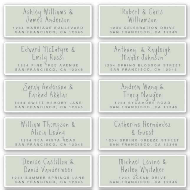 Handgeschriebene Green Wedding Guest Address Label (Vorderseite)