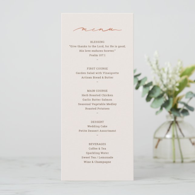Handgeschriebene Hochzeitsempfangsmenü Menükarte (Stehend Vorderseite)