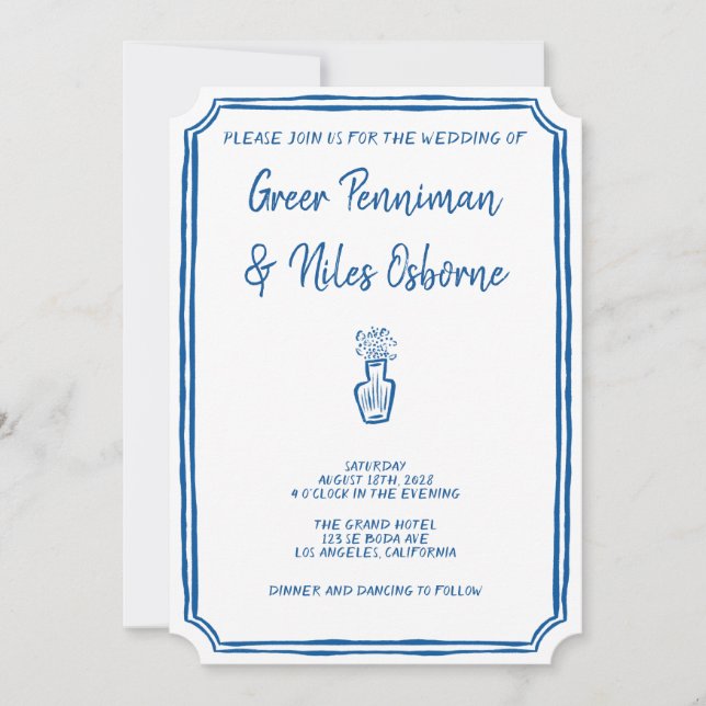 Handgeschriebene La Dolce Vita Italian Blue Weddin Einladung (Vorderseite)