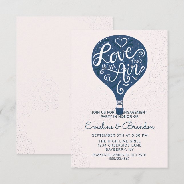 Handgeschriebene Liebe Navy Balloon Engagement Par Einladung (Vorne/Hinten)