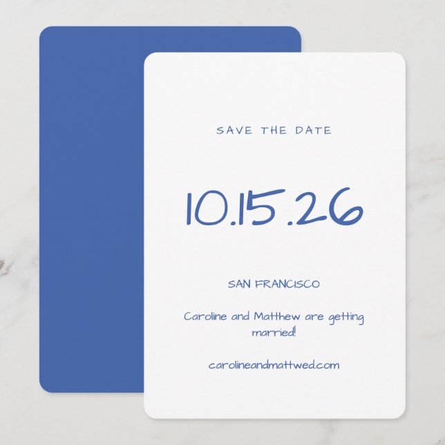 Handgeschriebene Minimalistische Blaue Hochzeit Save The Date (Vorne/Hinten)