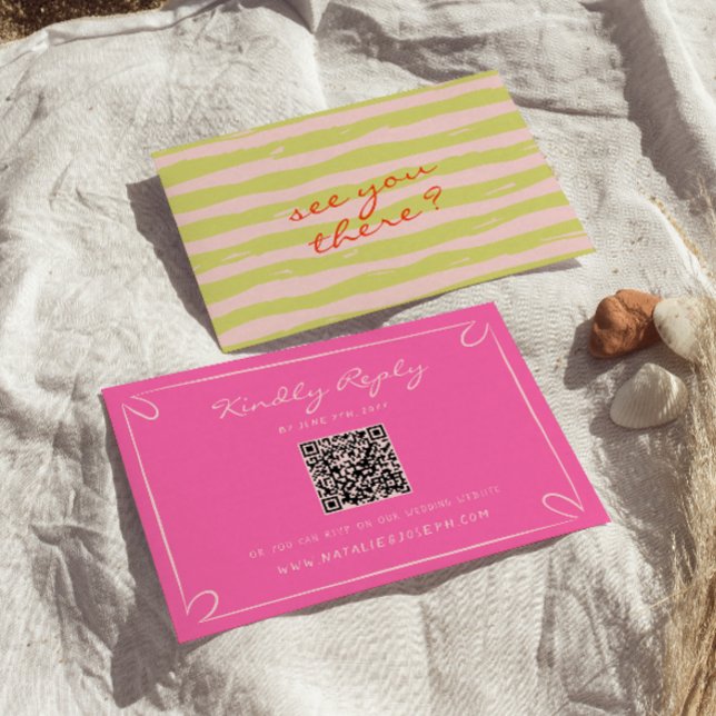 Handgeschriebene Pinstripes Whimsical QR-Code-Hoch RSVP Karte (Von Creator hochgeladen)