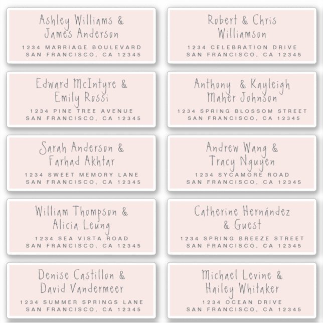Handgeschriebene Rosa Wedding Guest Address Labels (Vorderseite)