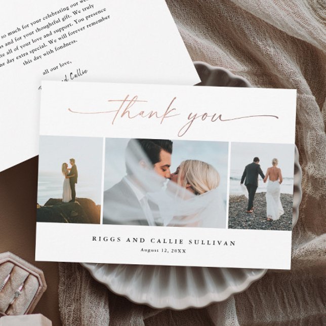 Handgeschriebene Rose Gold Script-Hochzeitsskripte Dankeskarte (Elegant handwritten rose gold script wedding photo thank you cards.)