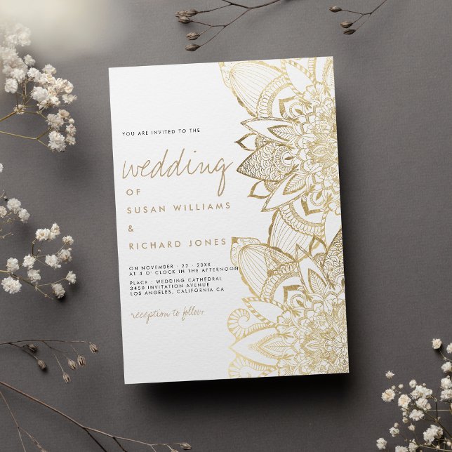 Handgeschriebene Schrift, die Goldmedaille-Hochzei Einladung (Handwritten script lettering gold mandala wedding)