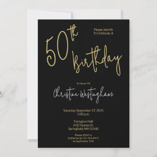 Handgeschriebene Schrift Simple Black Gold 50. Geb Einladung
