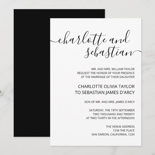 Handgeschriebene Script Typografy Schwarz-weiß Ele Einladung (Vorne/Hinten)
