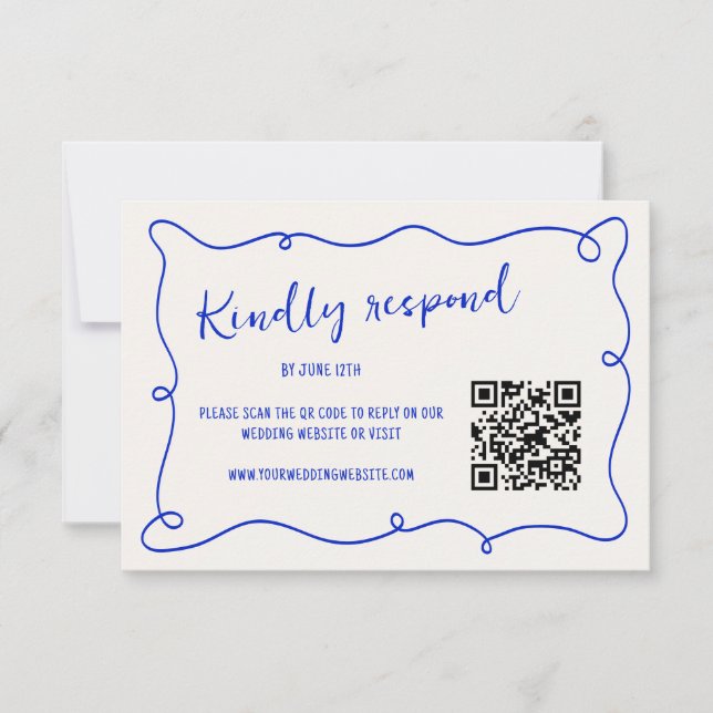 Handgeschriebene Squiggle Frame Blue Wedding RSVP Karte (Vorderseite)