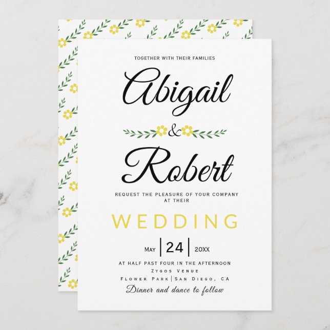 Handgeschriebene Typografie gelbe Blumen Hochzeit Einladung (Vorne/Hinten)