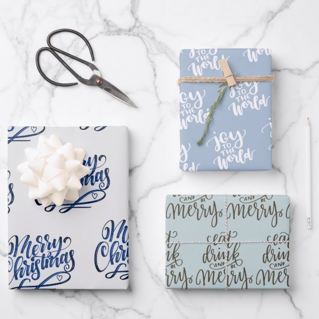 Handgeschriebene Weihnachtsgrüße Grau Blau Grün Geschenkpapier Set (Vorderseite)