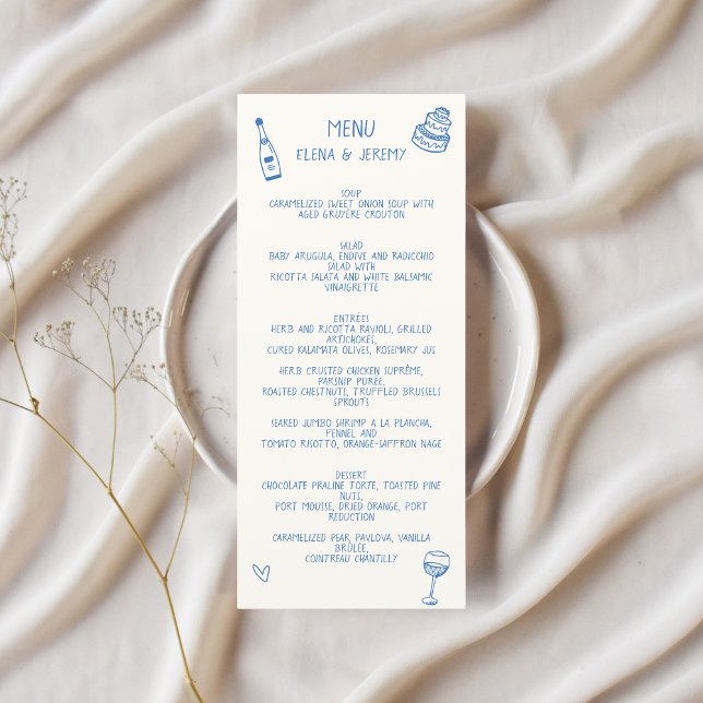 Handgeschriebene Zeichnend Scribble Blue Wedding Menükarte (Blue Scribble Wedding Menu )