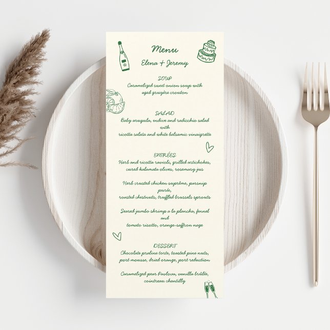 Handgeschriebene Zeichnend Scribble Green Wedding Menükarte (Green hand illustration wedding menu)