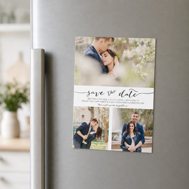 Handgeschriebener Collage Speichern Sie das Datums Magnetkarte (Pick the best pictures from your engagement shoot or your favorite pictures for this save the date.)