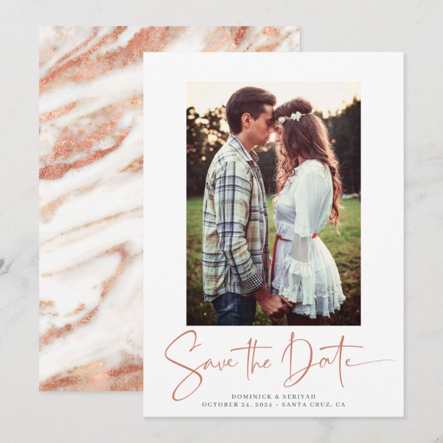 Handgeschriebener Kupfer-Rose-Gold-Marmor Save the Save The Date (Vorne/Hinten)