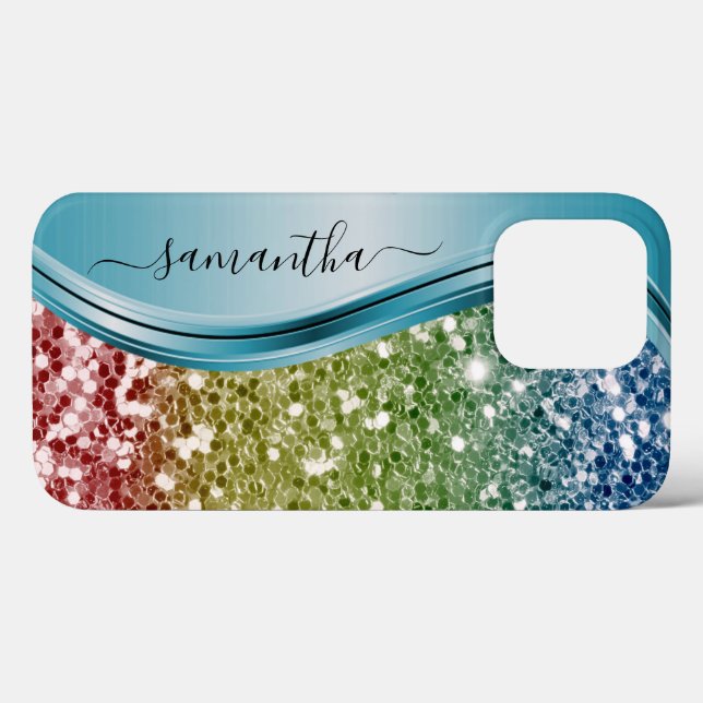 Handgeschriebener Monogram-Rainbow-Glitzer Case-Mate iPhone Hülle (Rückseite (Horizontal))