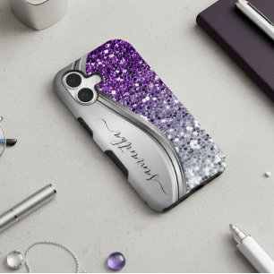 Handgeschriebener Monogramm Lila Silver-Glitzer Samsung Galaxy Hülle