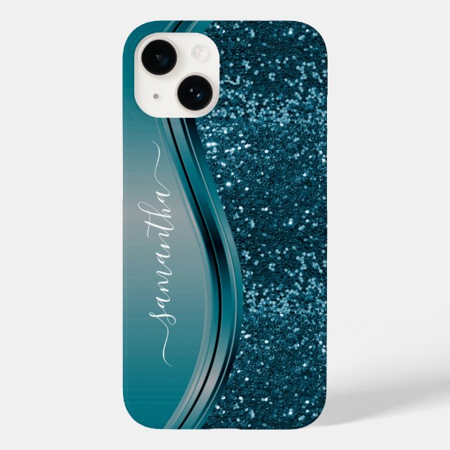 Handgeschriebener Name Aquamarin Blue Metal Glitze Case-Mate iPhone Hülle (Rückseite)