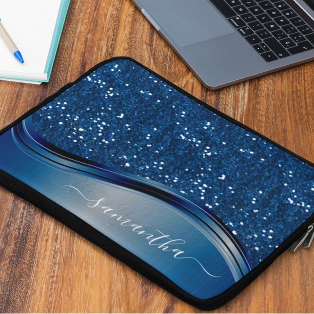 Handgeschriebener Name Navy Blue Metal Glitzer Laptopschutzhülle (Von Creator hochgeladen)