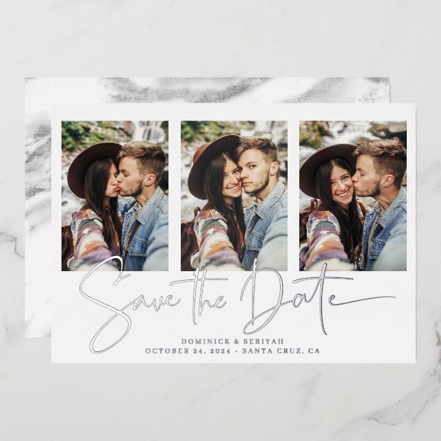 Handgeschriebener Silberstreifen-Marmor Save the D Folieneinladung (Vorderseite/Rückseite)