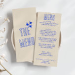 Handgeschriebenes blaues Retro fett Moderne Fun We Menükarte<br><div class="desc">Ein buntes Retro-funky modernes Periwinkle Hochzeitsmenü. Das Design der schicken Vorlage boho Vintag beige cremiger Hintergrund und blau Typografie und handgeschriebenes Menü in blau . Und heller Hintergrund. Perfekt und passend zu der ganzen Suite.</div>